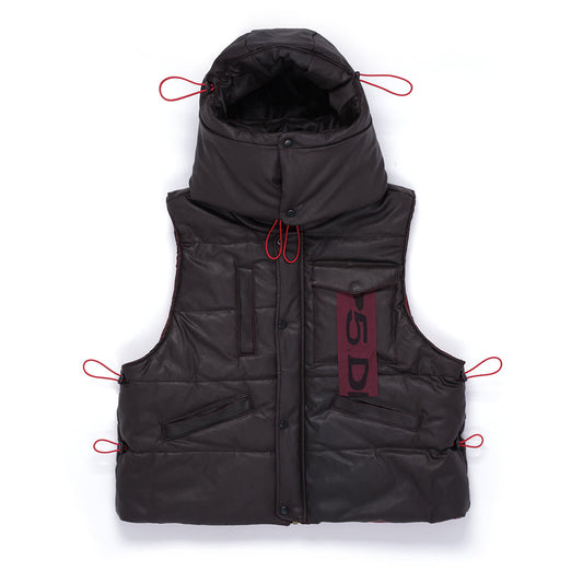 Front view of SP5DER Hooded Puffer Vest in Brown
