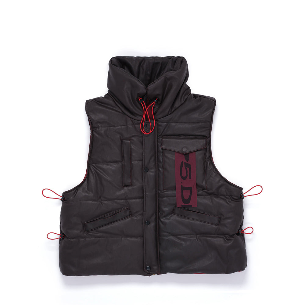 Detail view of removable hood on SP5DER Hooded Puffer Vest in Brown