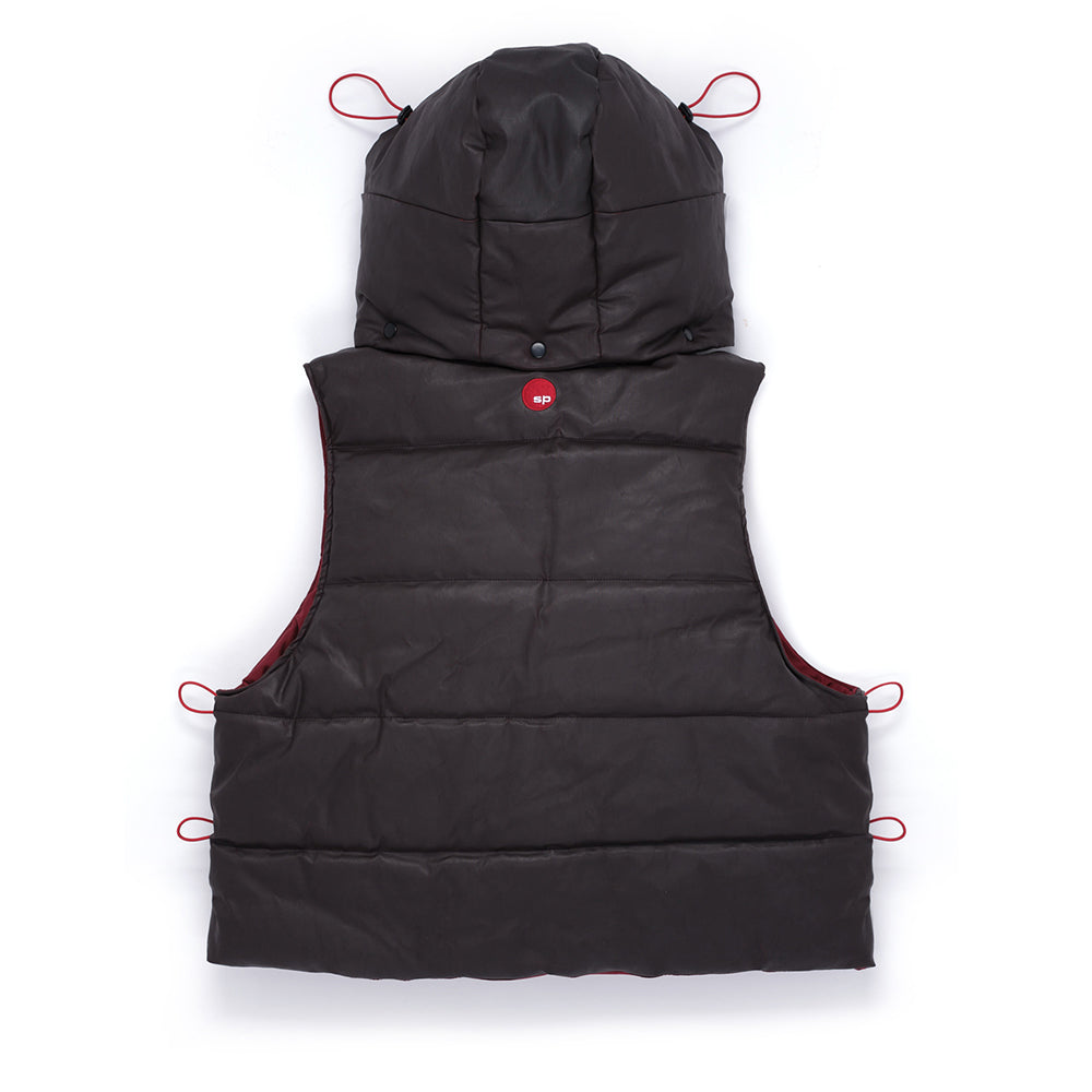 Back view of SP5DER Hooded Puffer Vest in Brown