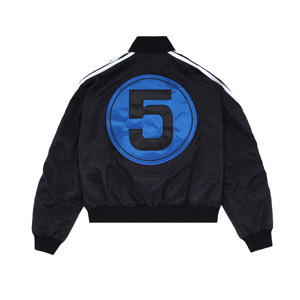 Back view of SP5DER Satin Bomber Jacket in Black