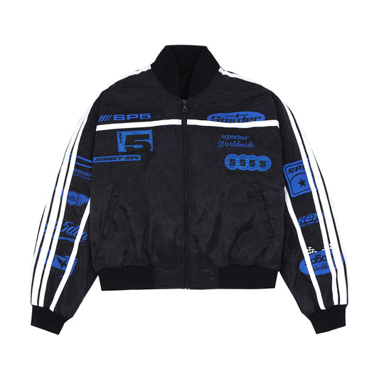 Front view of SP5DER Satin Bomber Jacket in Black