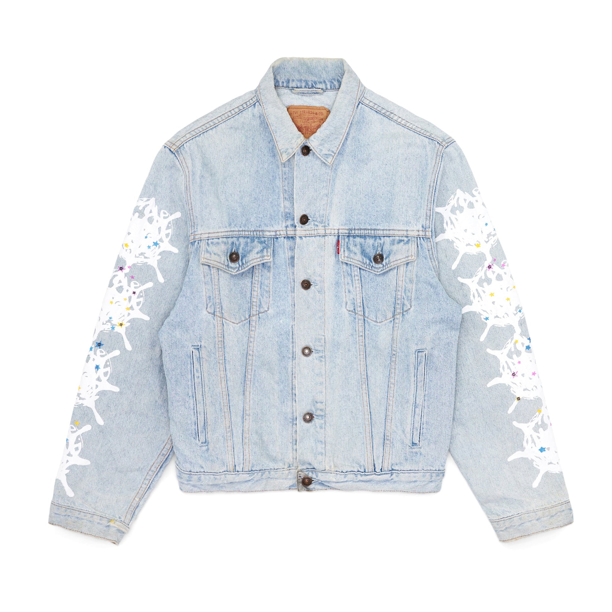 Front view of SP5DER Vintage Web Denim Trucker Jacket in Blue