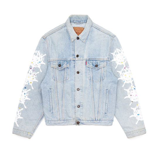 Front view of SP5DER Vintage Web Denim Trucker Jacket in Blue