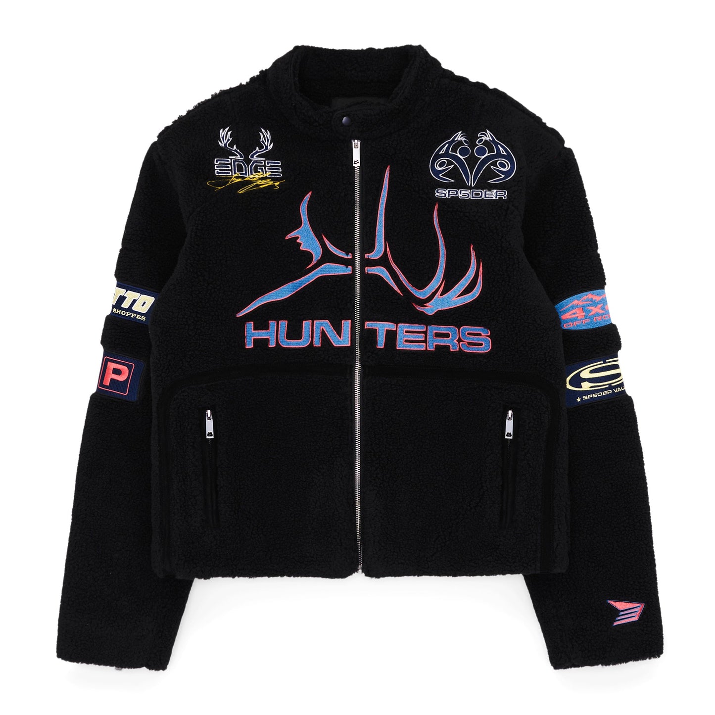 Front view of SP5DER Black Sherpa Hunter Moto Jacket