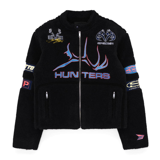 Front view of SP5DER Black Sherpa Hunter Moto Jacket
