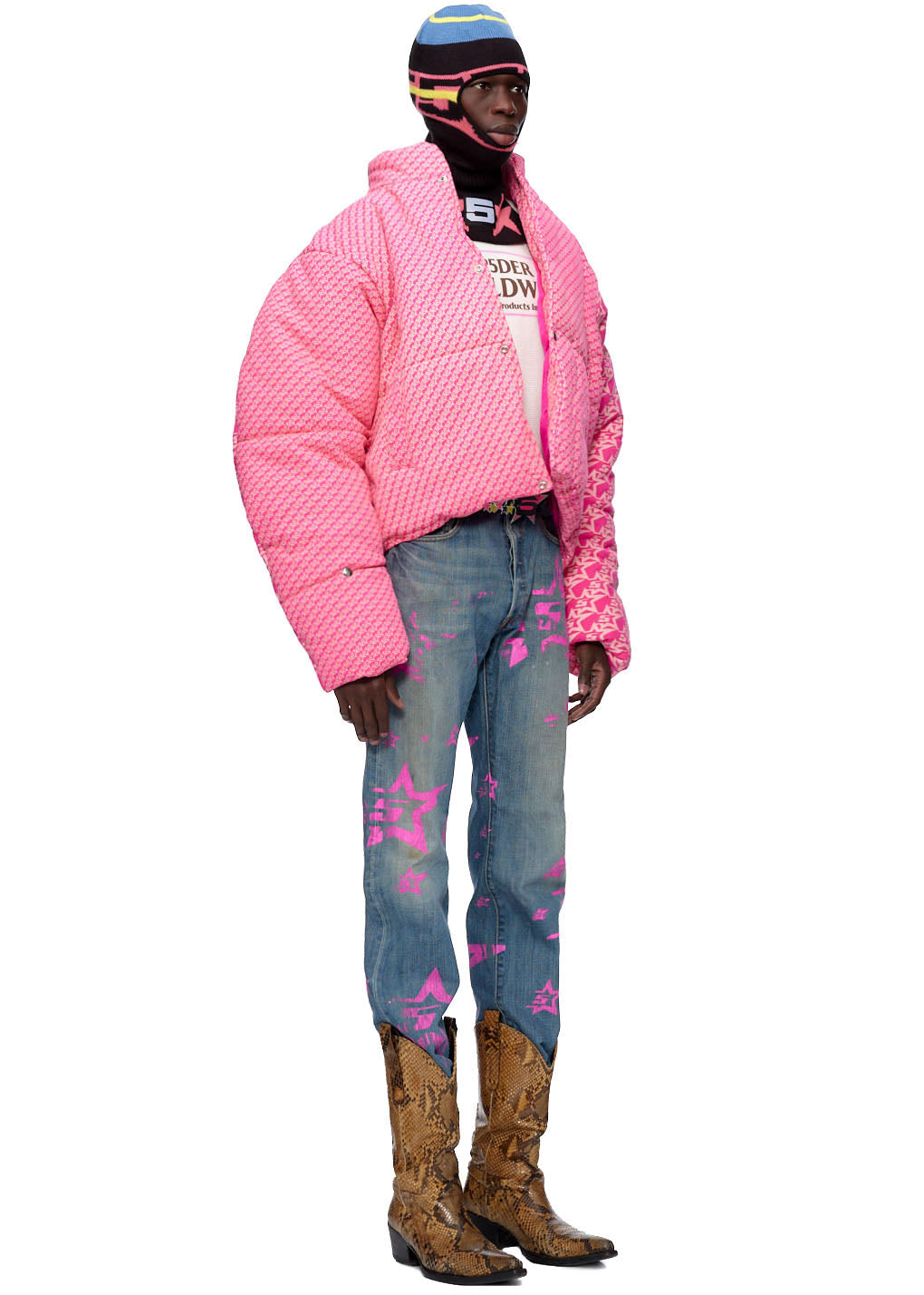 Full look front view of SP5DER 5Star Puffer Jacket in Pink