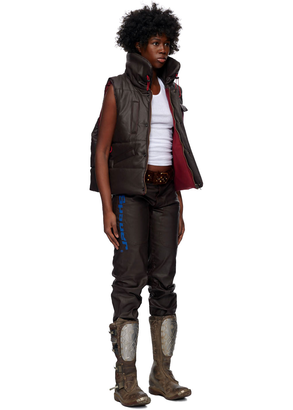 Side view of SP5DER Hooded Puffer Vest in Brown