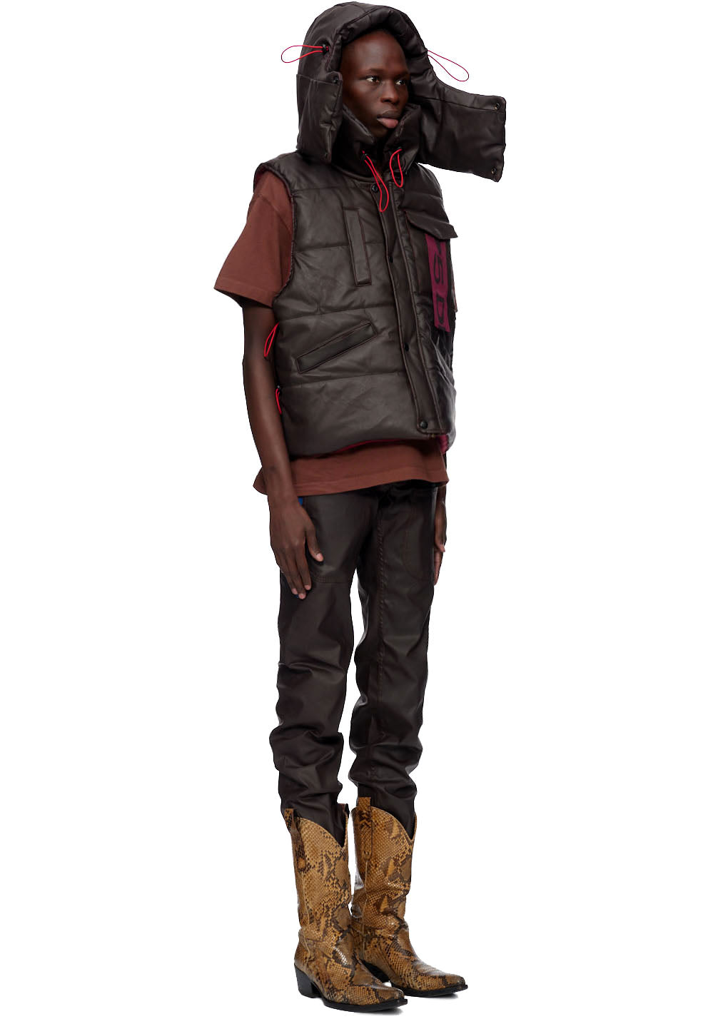 Detail view of YKK zipper on SP5DER Hooded Puffer Vest in Brown