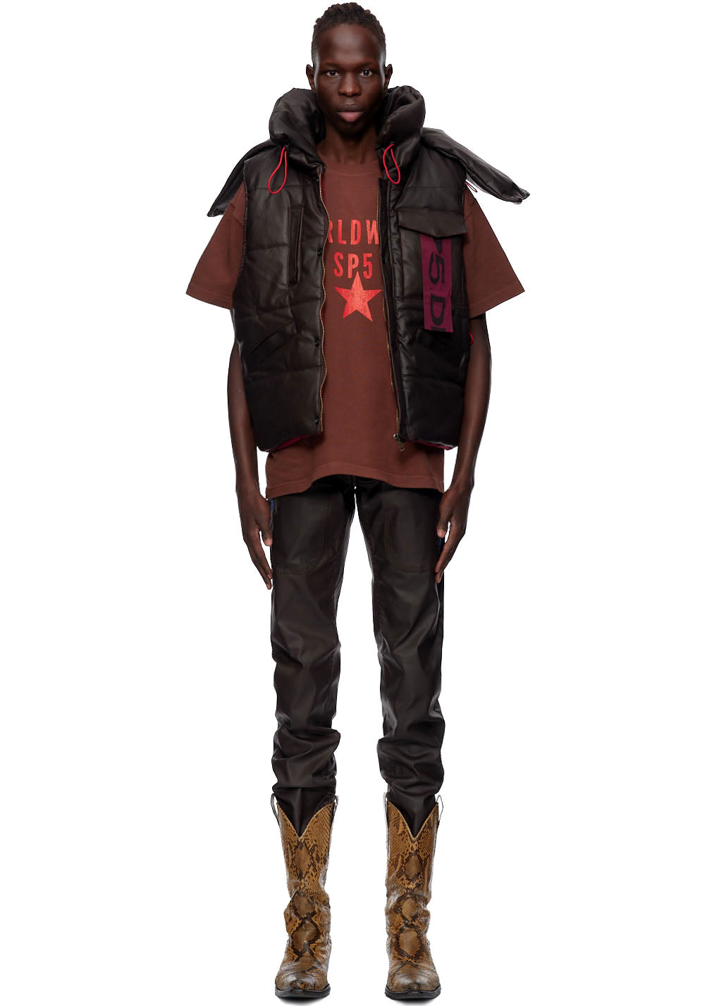 Full look front view of SP5DER Hooded Puffer Vest in Brown