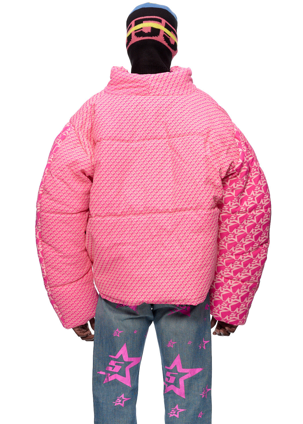 Detail view of '5 Star' print design on SP5DER 5Star Puffer Jacket in Pink