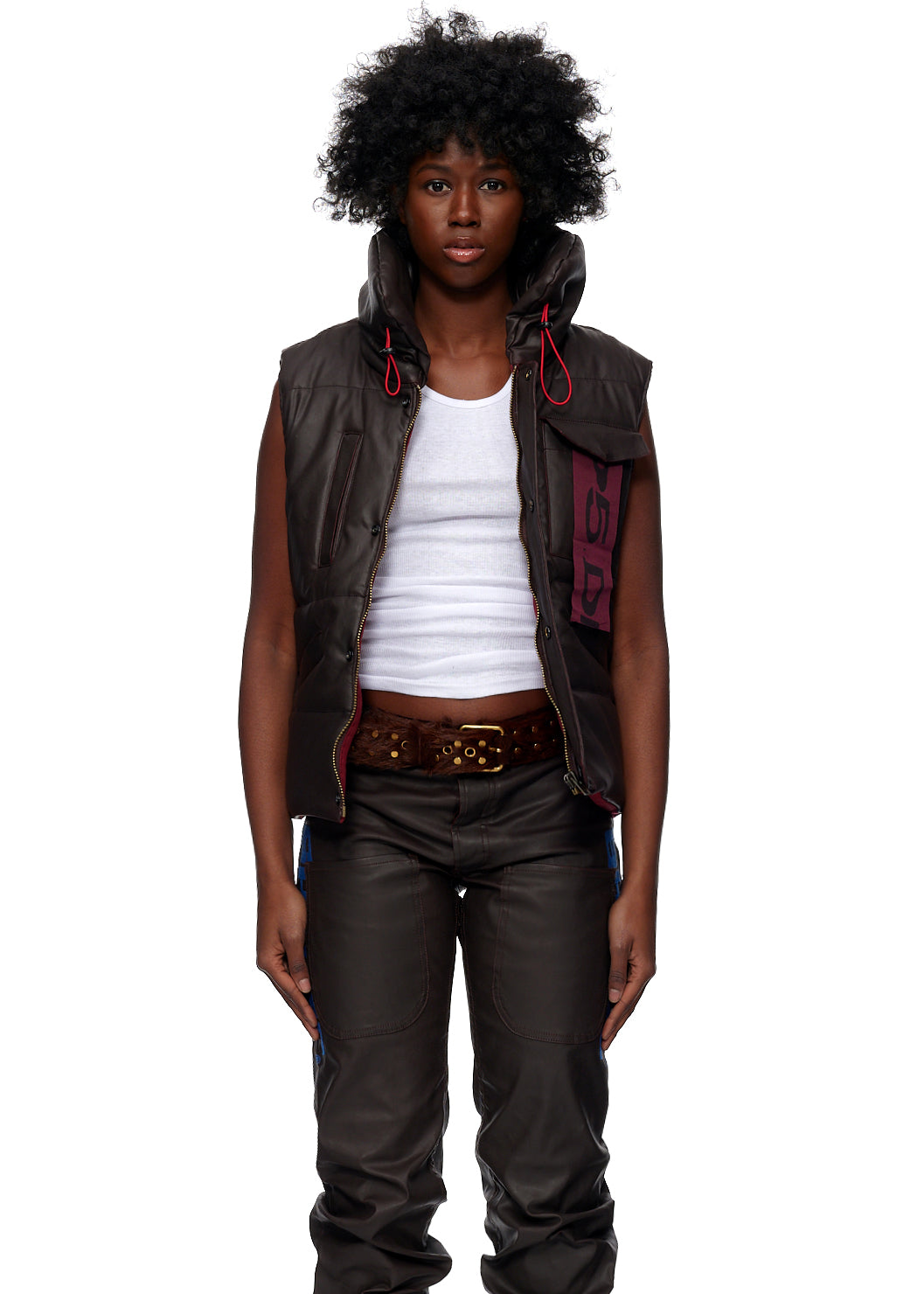 Full look back view of SP5DER Hooded Puffer Vest in Brown