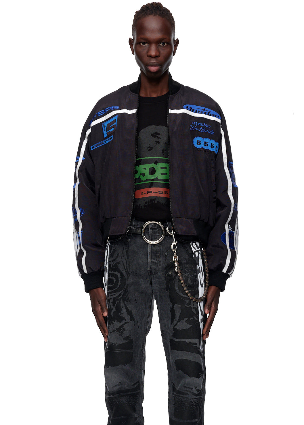 Detail view of knit rib collar on SP5DER Satin Bomber Jacket in Black