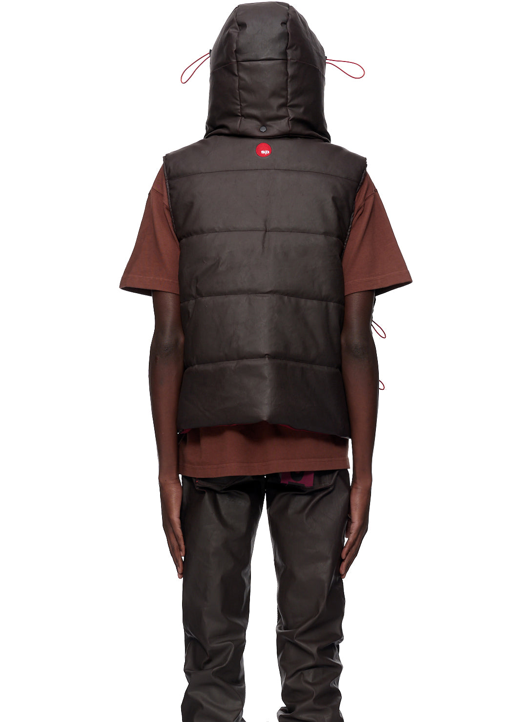 Additional angle view of SP5DER Hooded Puffer Vest in Brown