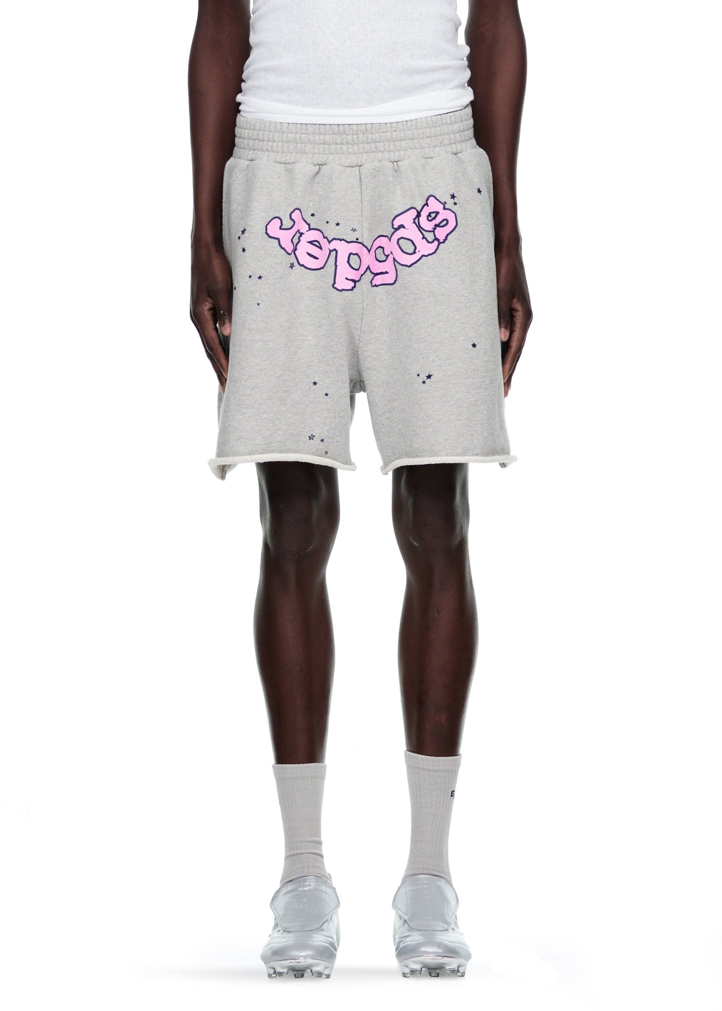 Side view of SP5DER OG Logo Sweatshort in Grey