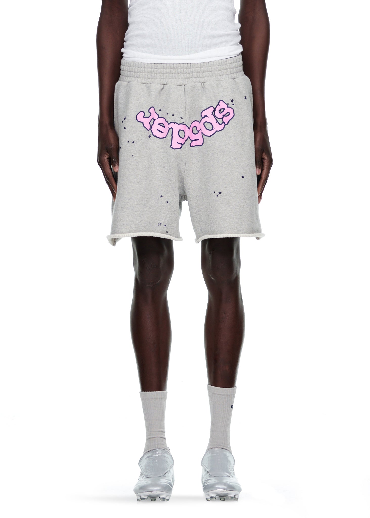 Side view of SP5DER OG Logo Sweatshort in Grey