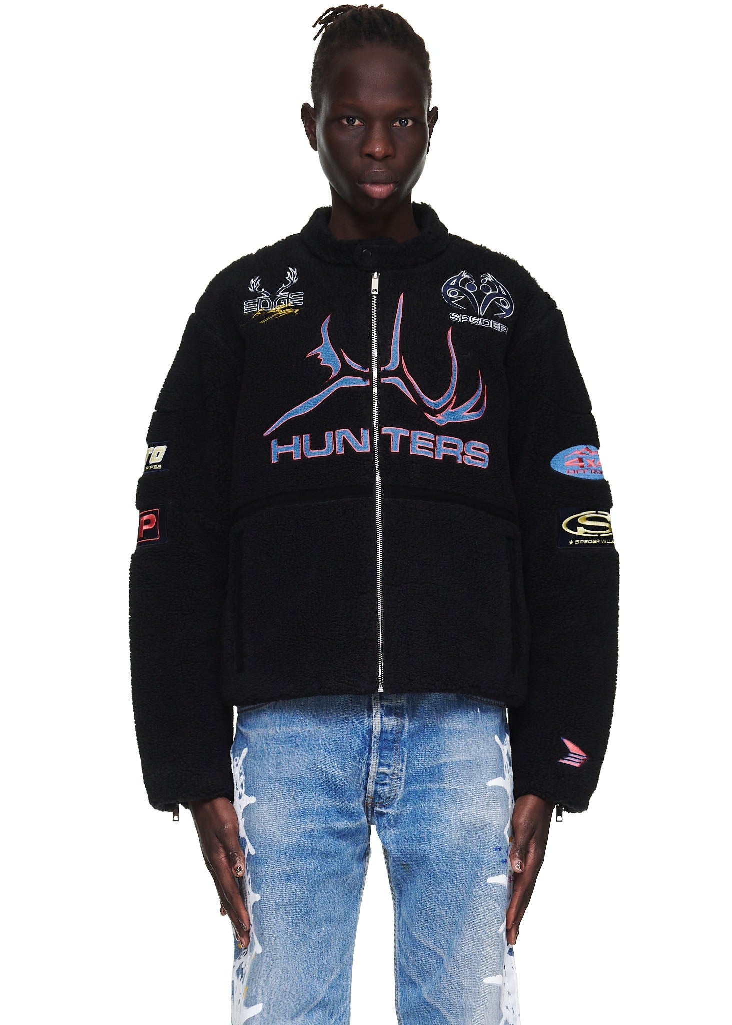 Detail view of SP5DER patch on Black Sherpa Hunter Moto Jacket