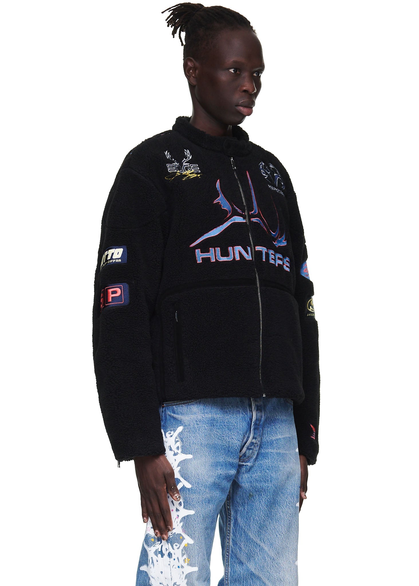 Detail view of embroidery on Black Sherpa Hunter Moto Jacket