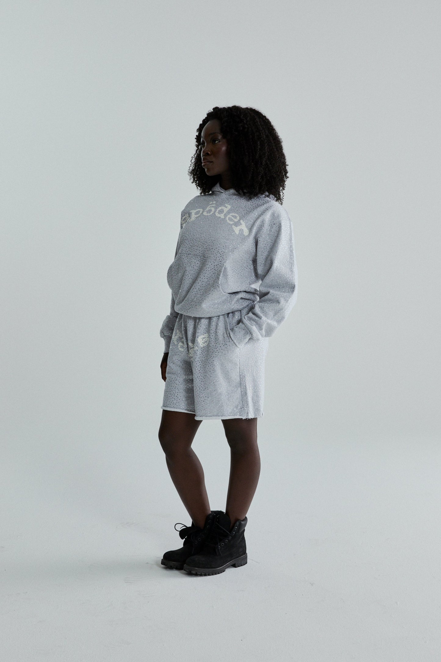 SP5DER VVS Rhinestone Hoodie - Heather Grey - Detail View 8