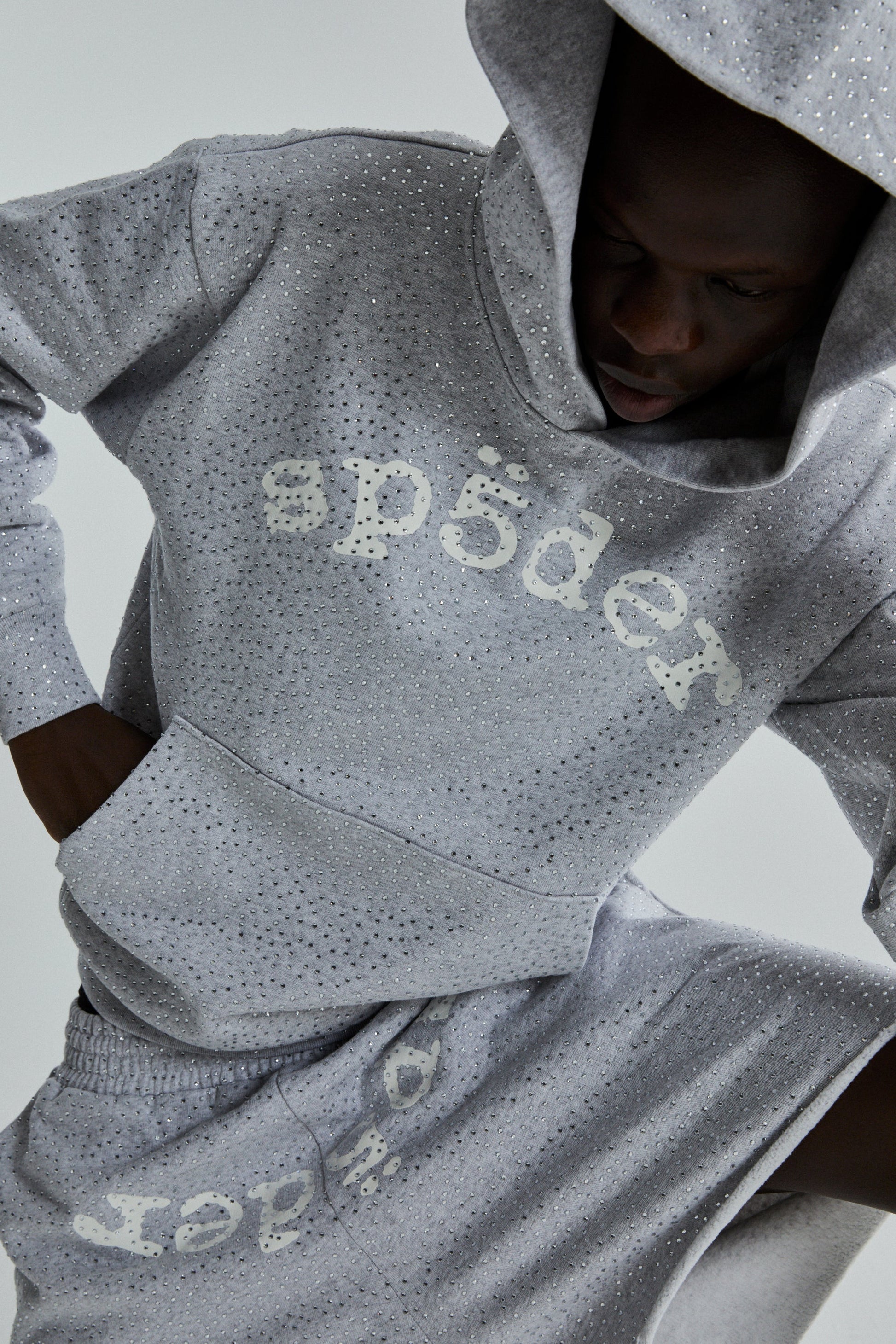SP5DER VVS Rhinestone Hoodie - Heather Grey - Detail View 16