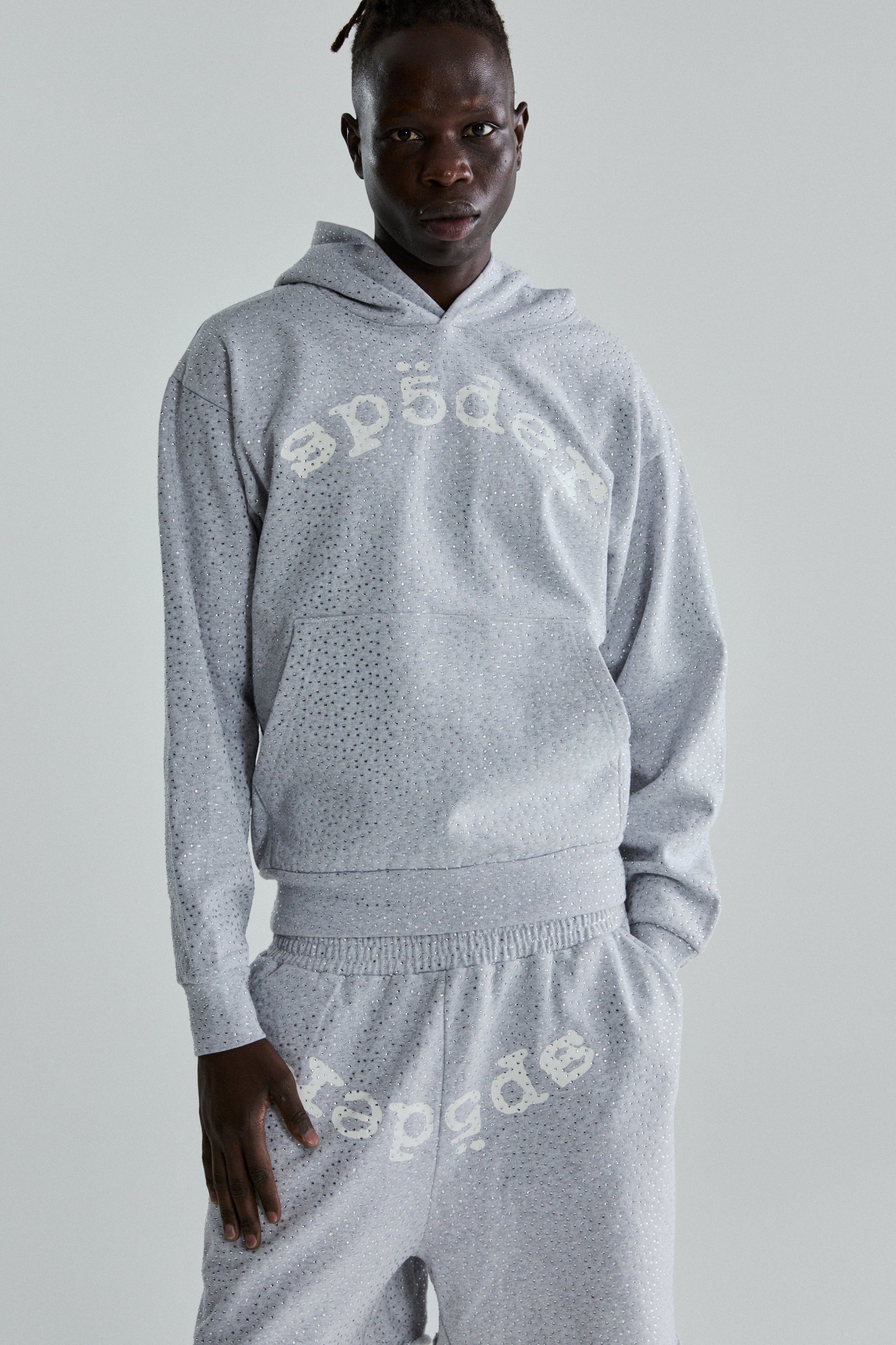 SP5DER VVS Rhinestone Hoodie - Heather Grey - Detail View 13