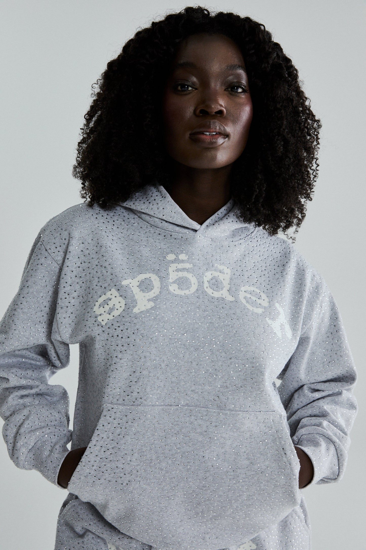 SP5DER VVS Rhinestone Hoodie - Heather Grey - Detail View 14