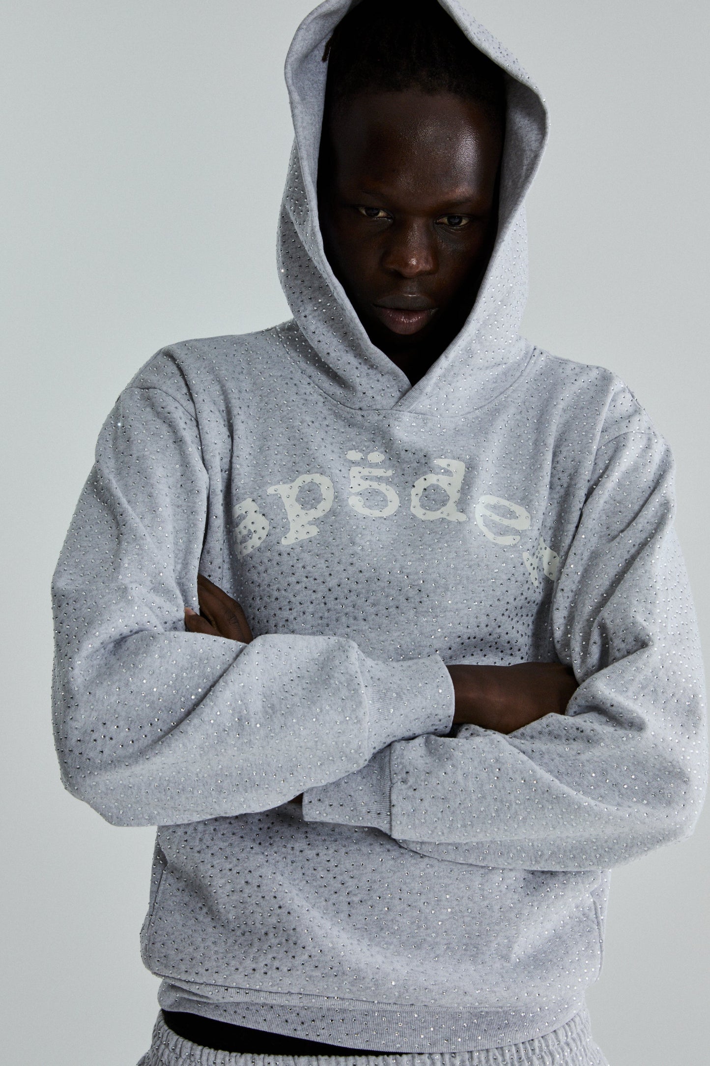SP5DER VVS Rhinestone Hoodie - Heather Grey - Detail View 15