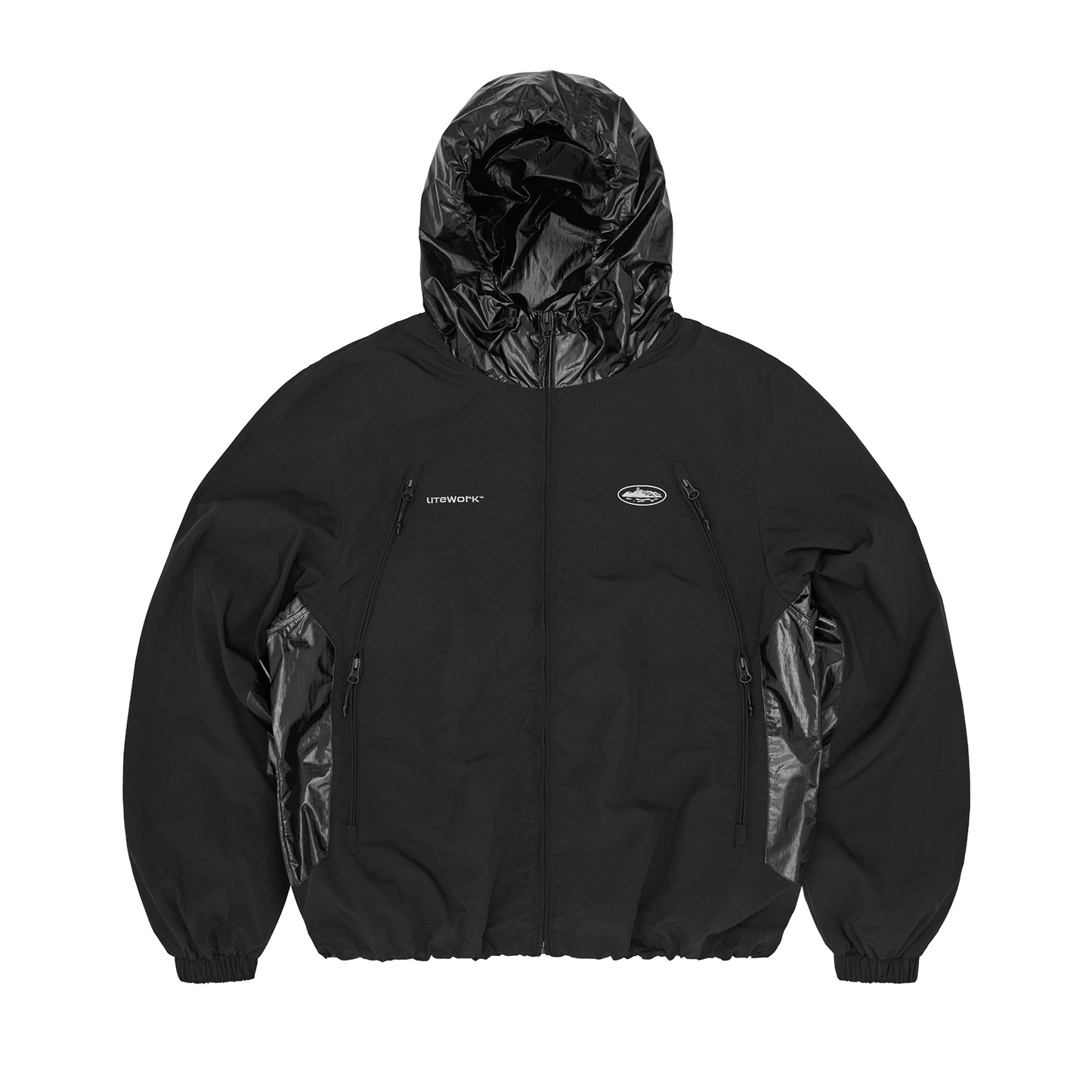 Corteiz Black Nylon Litework Quattro Jacket, front view showing contrast ripstop hood