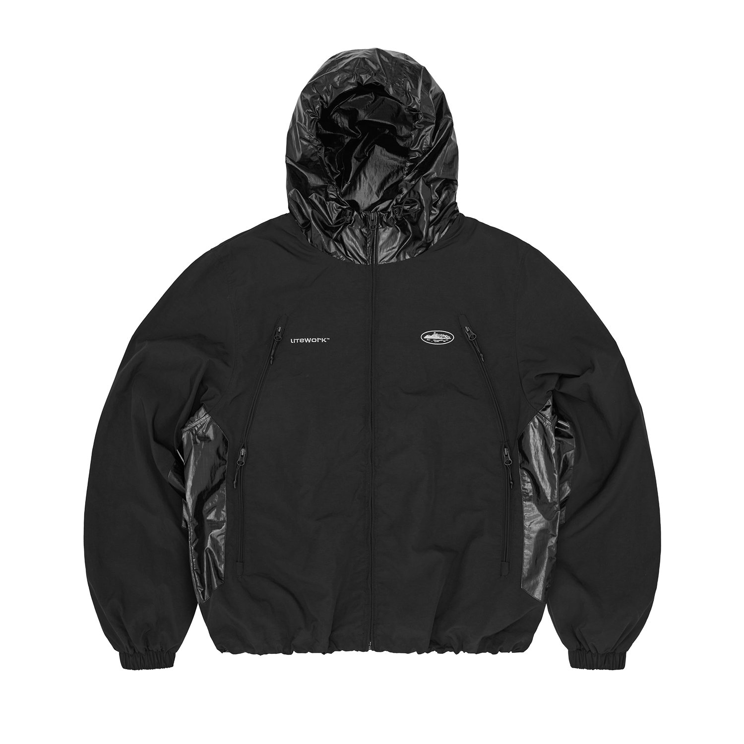 Corteiz Black Nylon Litework Quattro Jacket, front view showing contrast ripstop hood