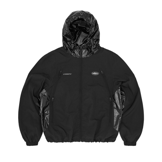Corteiz Black Nylon Litework Quattro Jacket, front view showing contrast ripstop hood