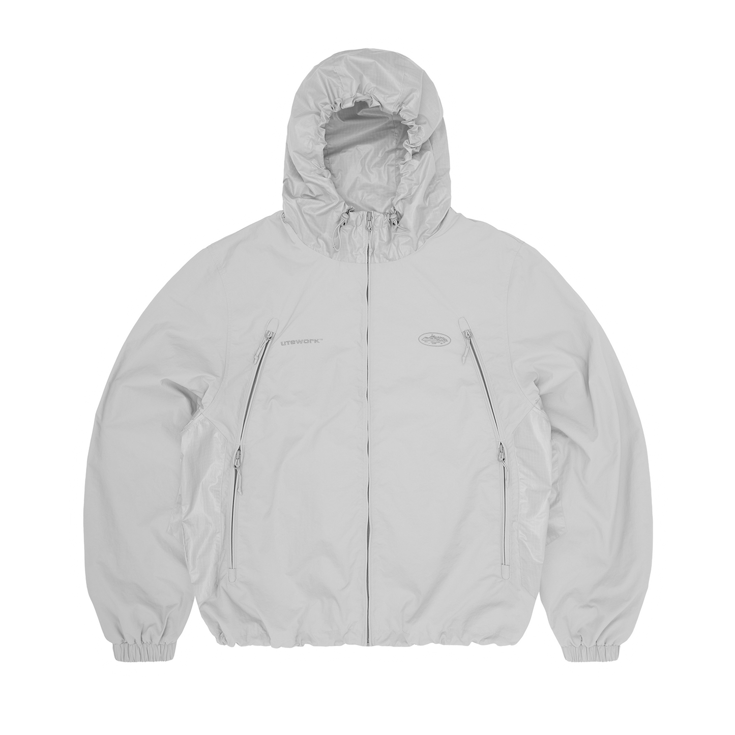 Corteiz Grey Nylon Litework Quattro Jacket, front view showing contrast ripstop hood