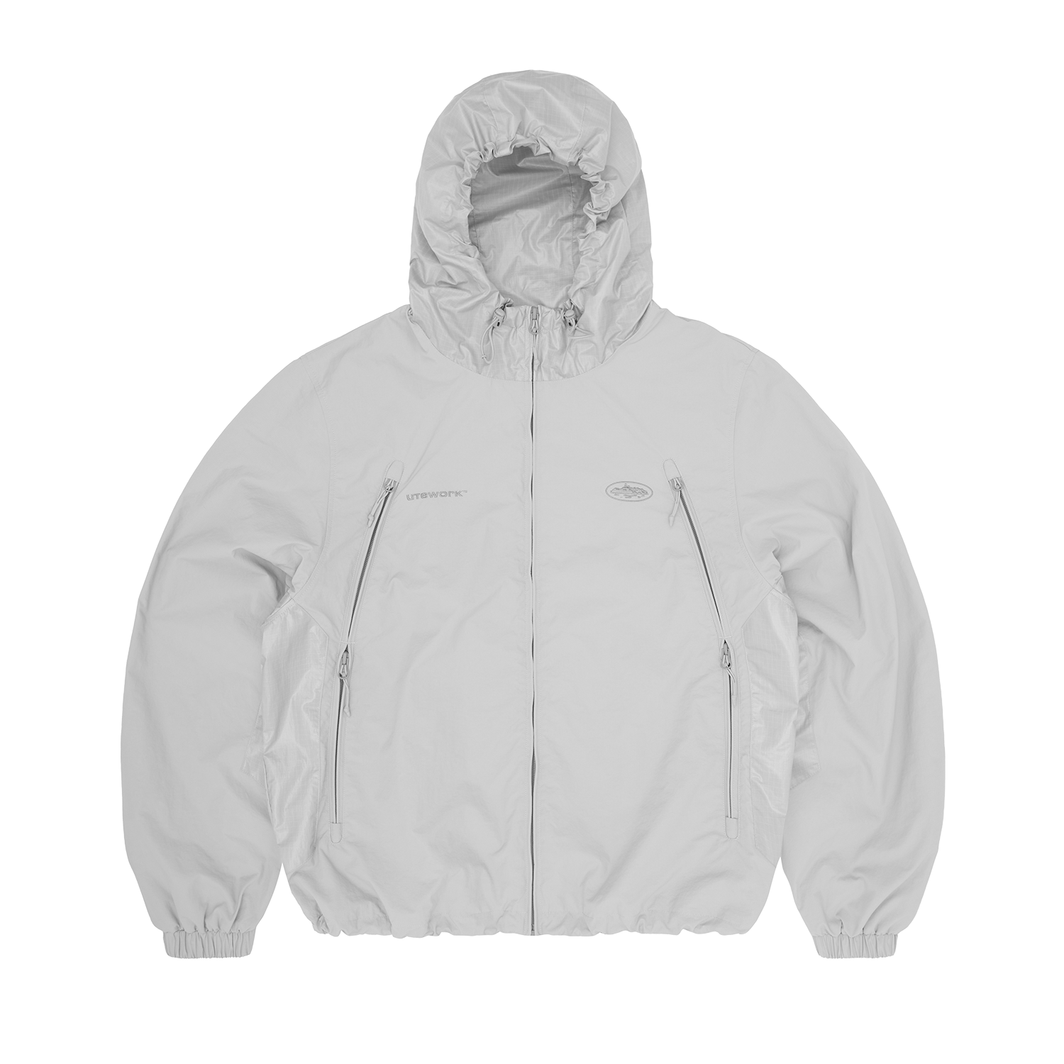 Corteiz Grey Nylon Litework Quattro Jacket, front view showing contrast ripstop hood