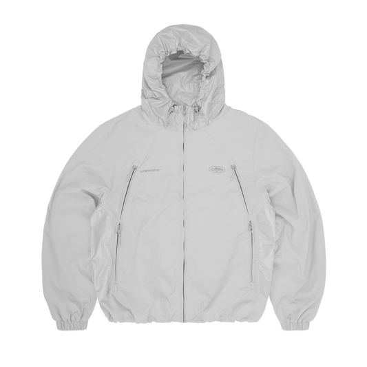 Corteiz Grey Nylon Litework Quattro Jacket, front view showing contrast ripstop hood