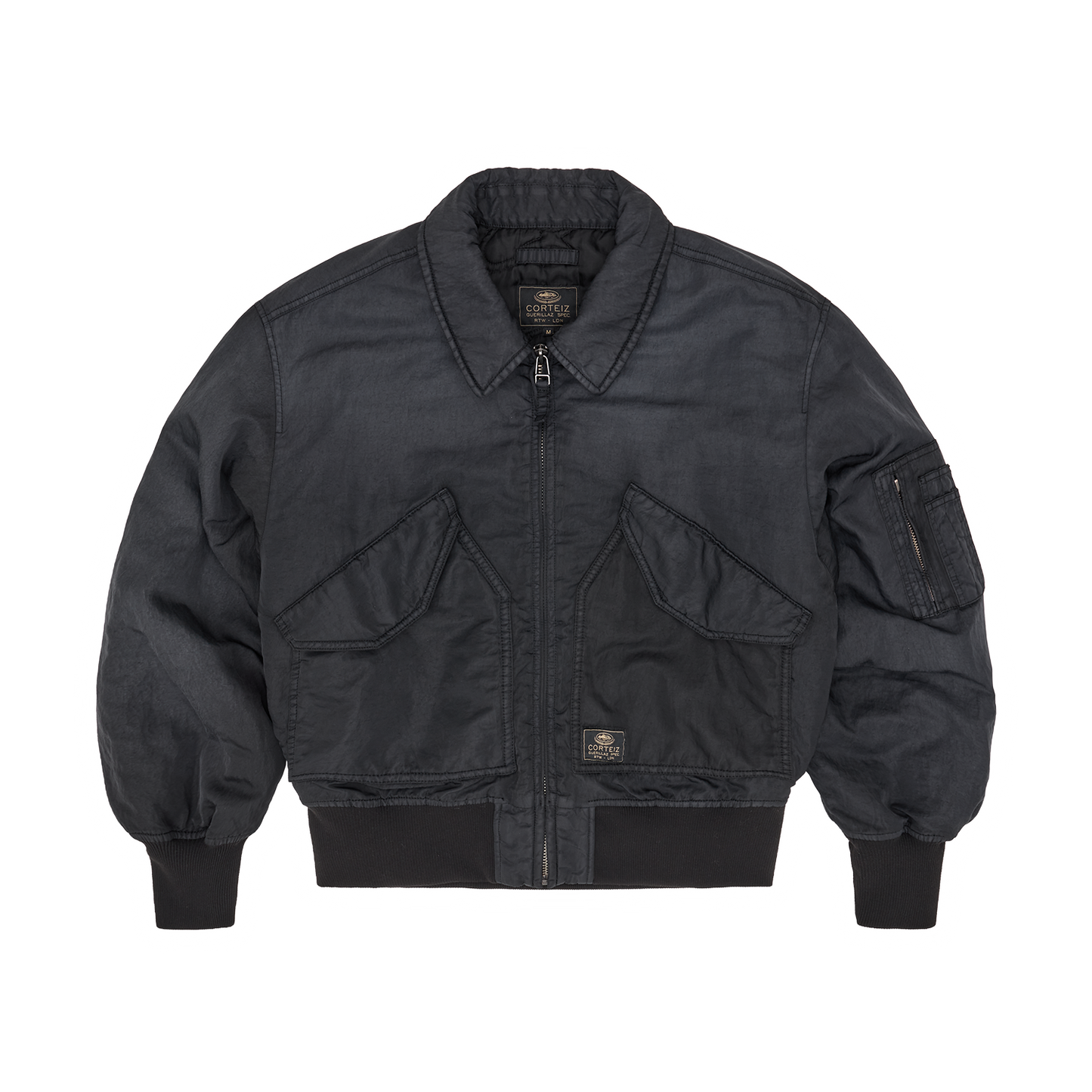Corteiz Black Nylon Alcatraz Bomber Jacket, Vintage Black, front view showing fold-down collar