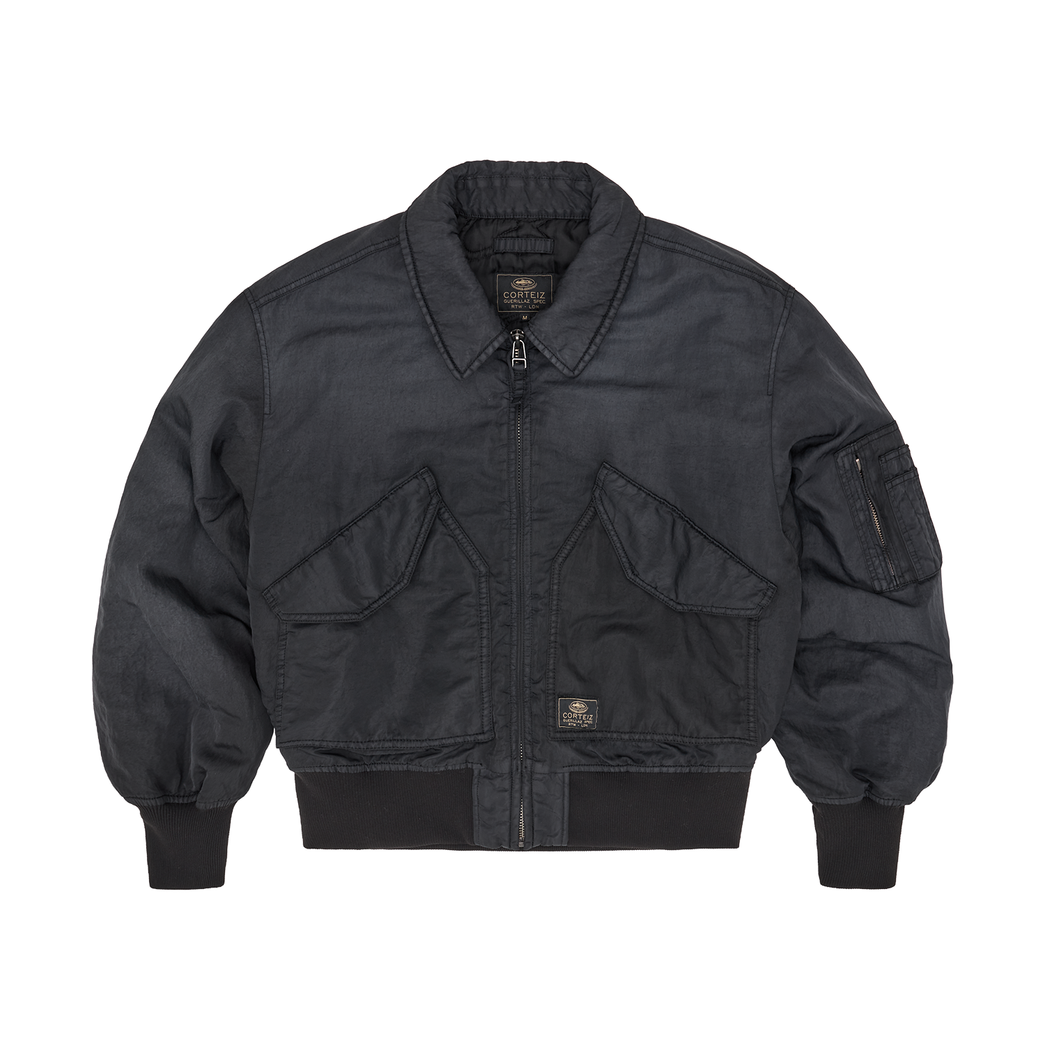 Corteiz Black Nylon Alcatraz Bomber Jacket, Vintage Black, front view showing fold-down collar