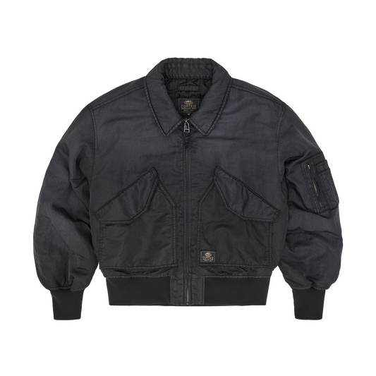 Corteiz Black Nylon Alcatraz Bomber Jacket, Vintage Black, front view showing fold-down collar