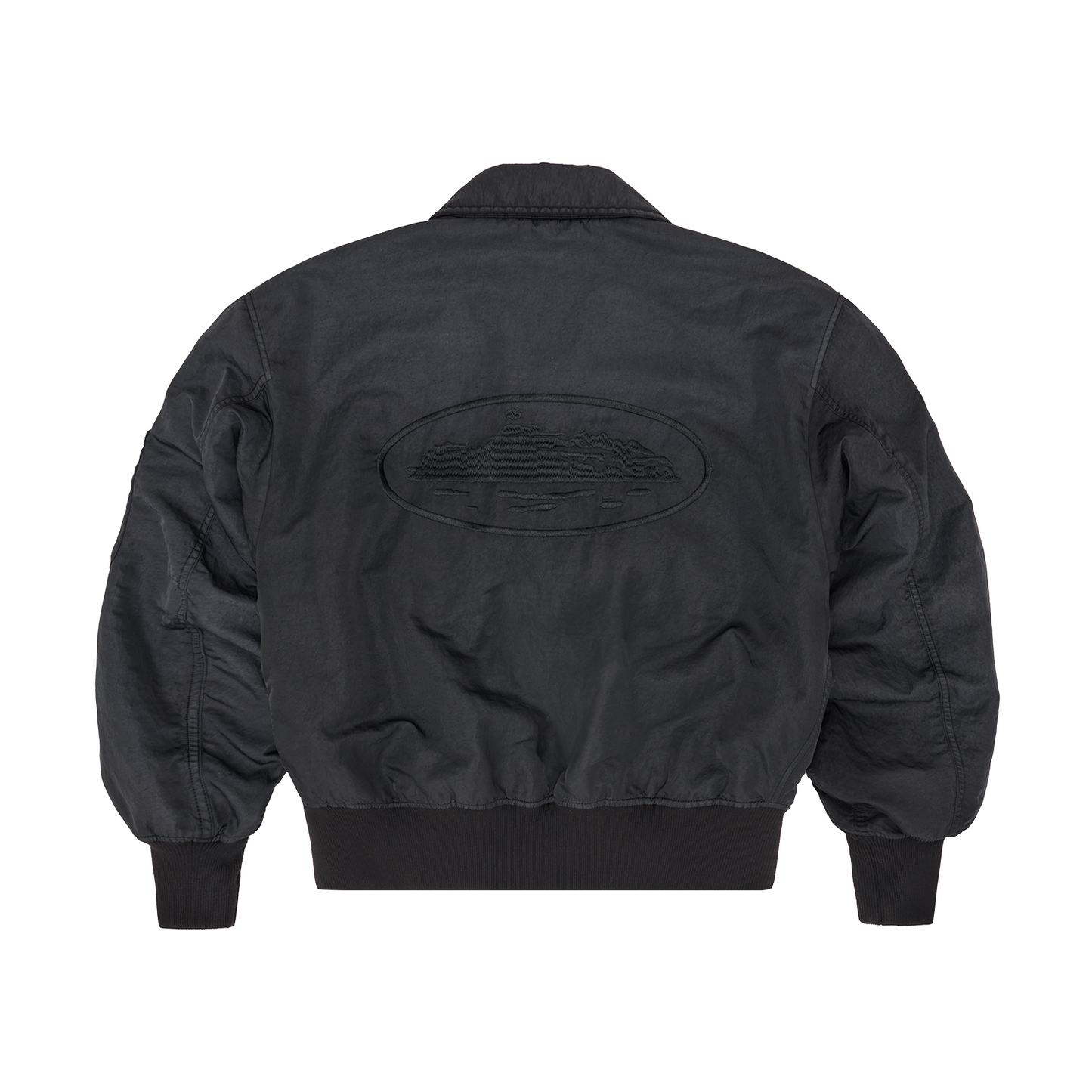 Corteiz Black Nylon Alcatraz Bomber Jacket, Vintage Black, back view showing ribbed hem