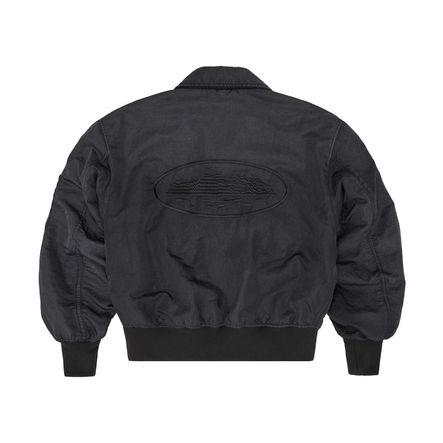 Corteiz Black Nylon Alcatraz Bomber Jacket, Vintage Black, back view showing ribbed hem