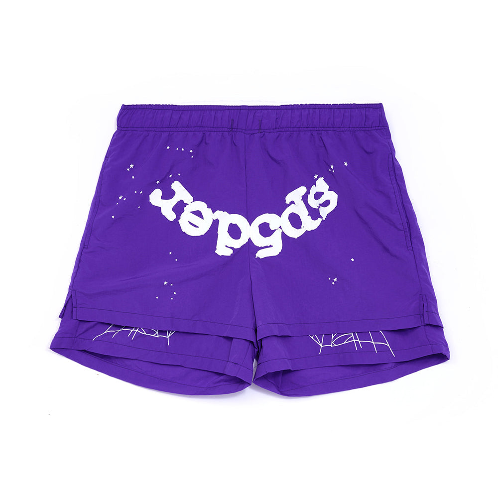 Front view of SP5DER Grape Logo Short in Purple