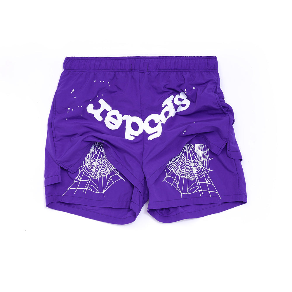 Back view of SP5DER Grape Logo Short in Purple
