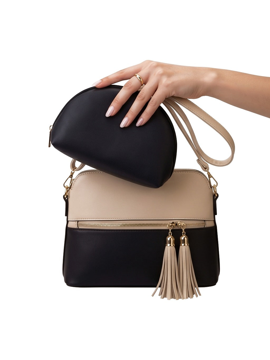 Bag It Grace Two-Tone Handbag - Beige and Black Vegan Leather