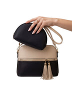 Bag It Grace Two-Tone Handbag - Beige and Black Vegan Leather