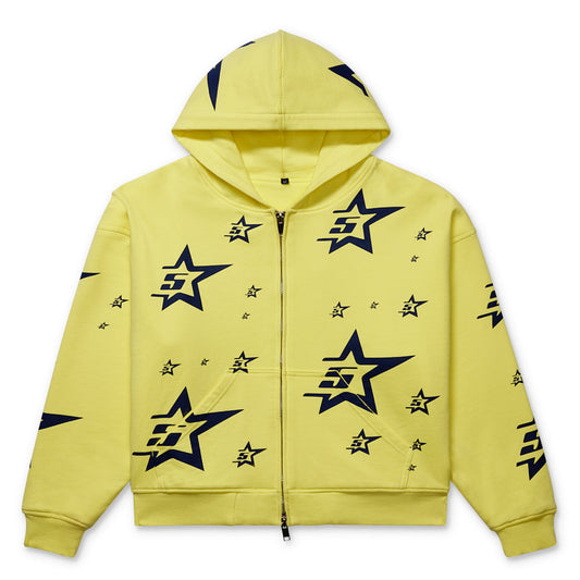 SP5DER Yellow Double-Layer 5-Star Zip Hoodie - Front View