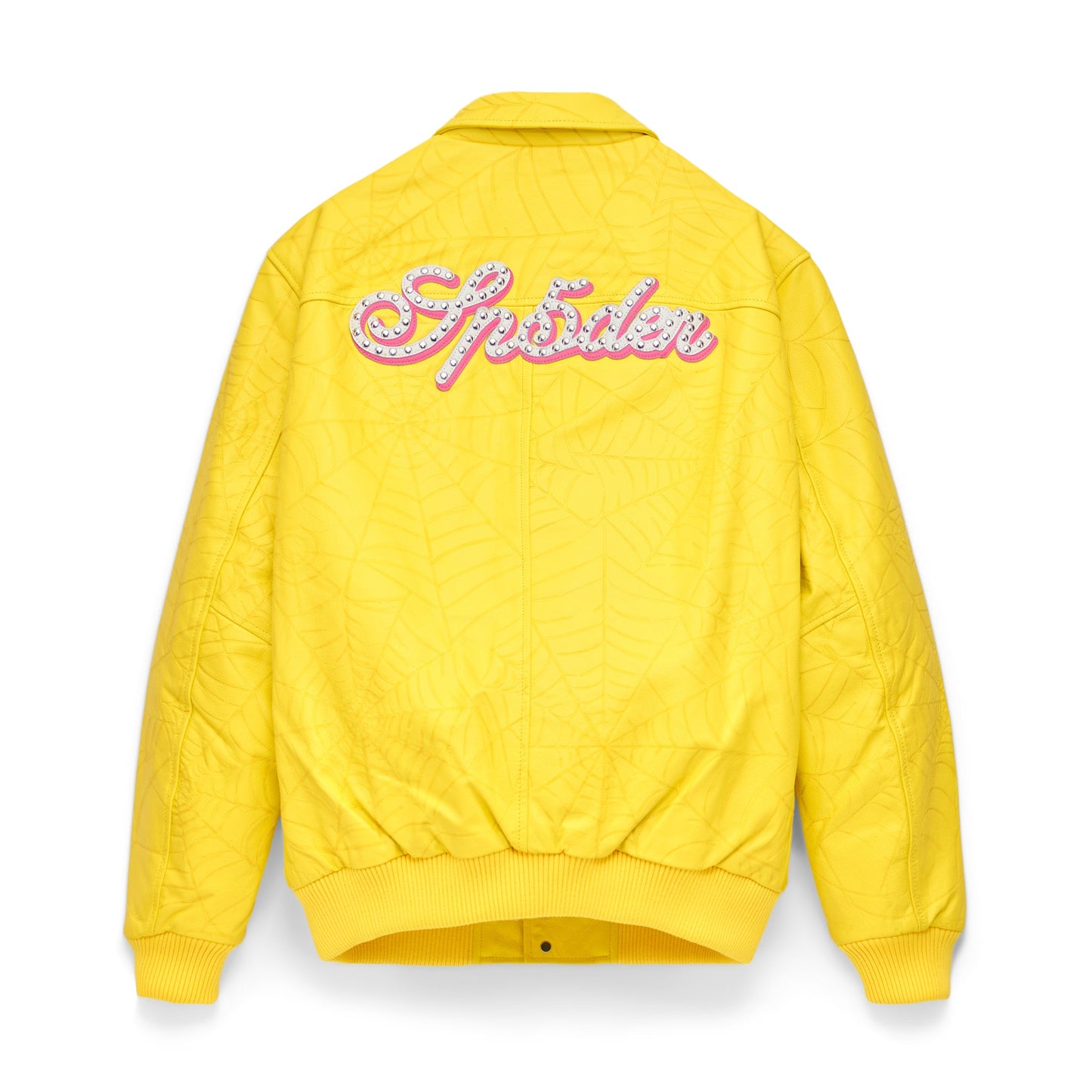 Back view of SP5DER Debossed Web Leather Jacket in Yellow