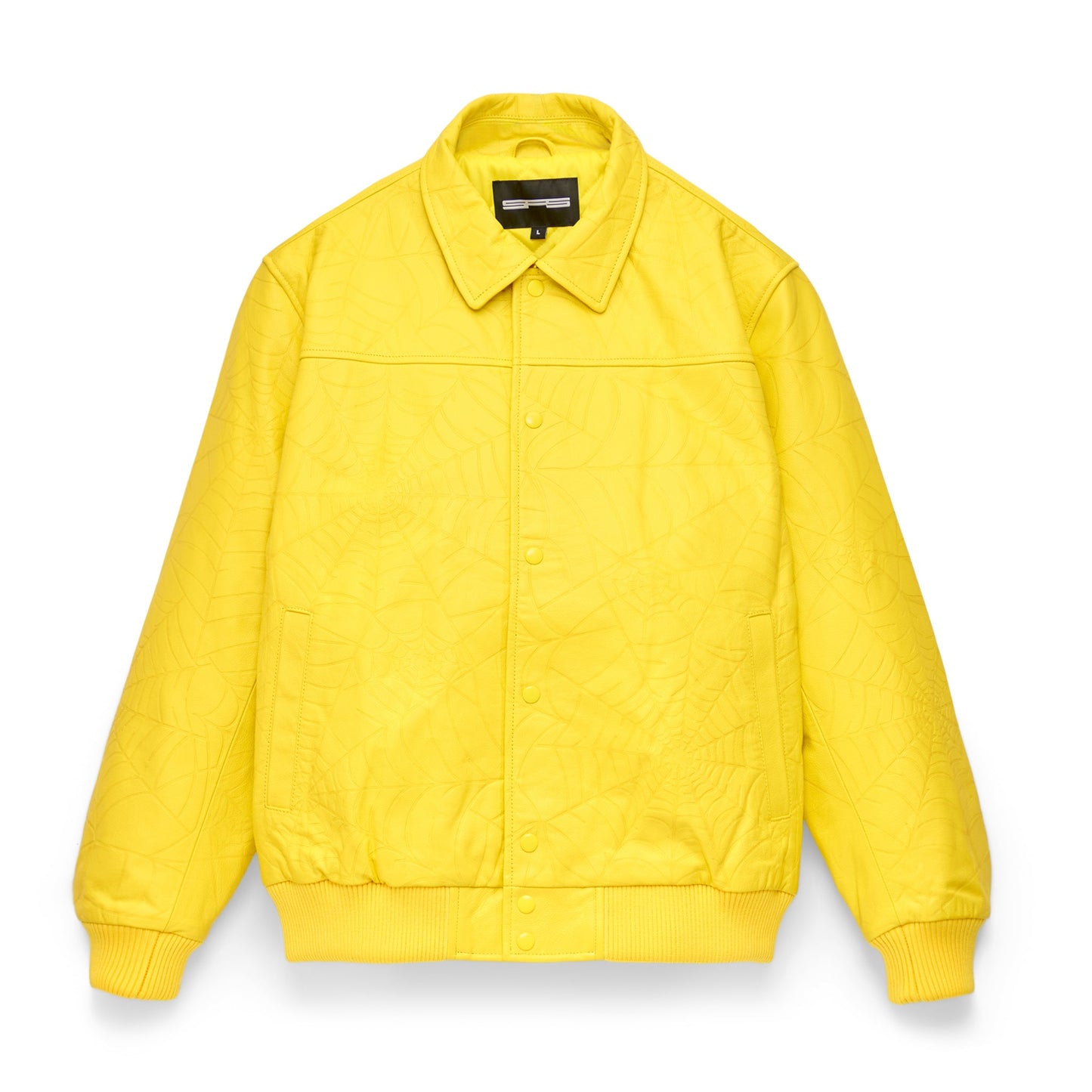 Front view of SP5DER Debossed Web Leather Jacket in Yellow
