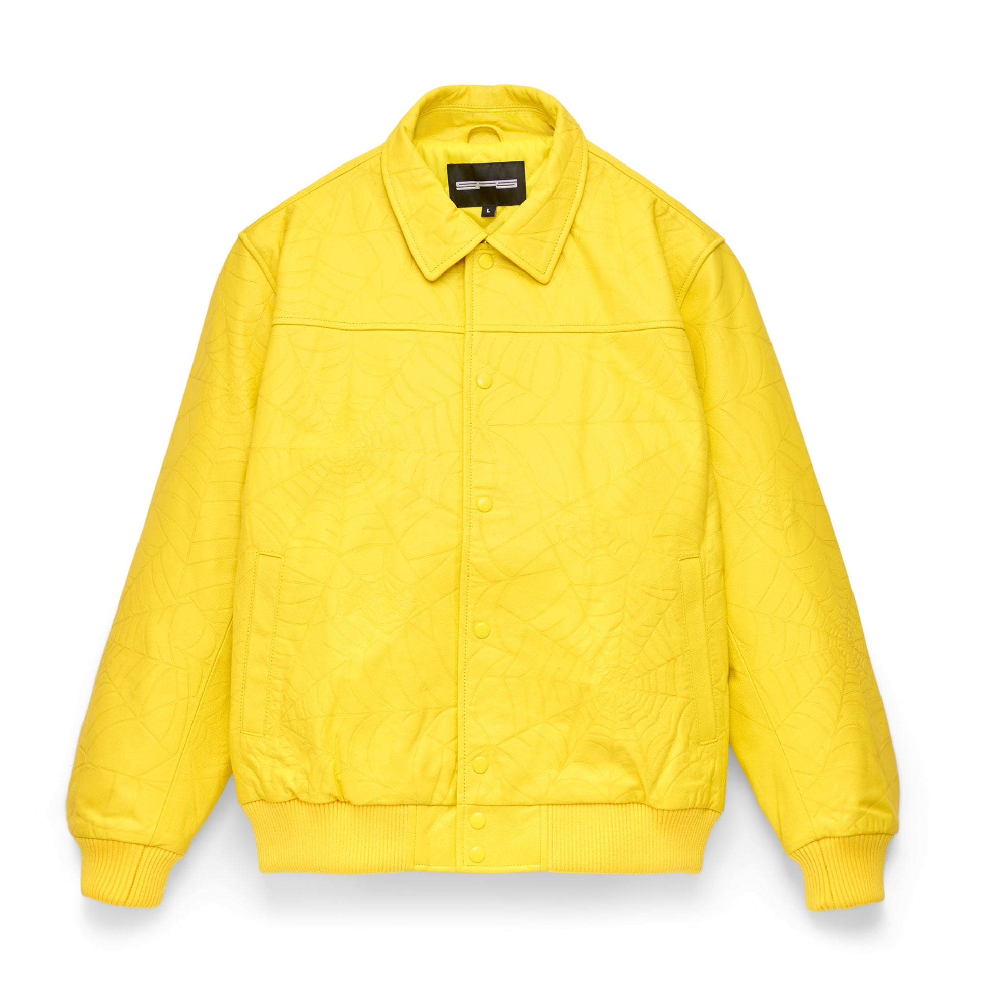 Front view of SP5DER Debossed Web Leather Jacket in Yellow