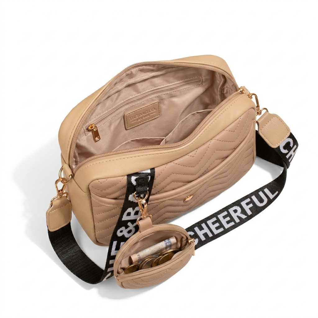 Beige handbag with a black strap featuring 'CHEERFUL' on a white background