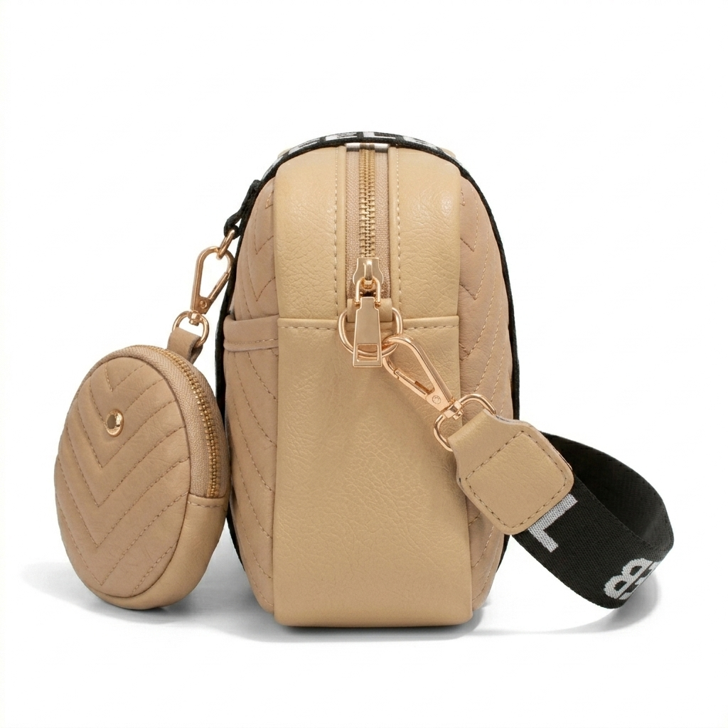 Beige crossbody bag with a round pouch on a white background