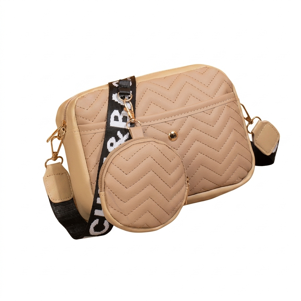 Beige quilted handbag with a matching round pouch on a white background