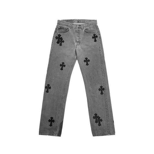 Chrome Hearts Levi's 501 Grey Cross Patch Jeans, signature cross patch detailing on classic straight fit