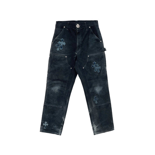 Chrome Hearts Black Canvas Carpenter Pants, faded double-knee design with collaborative branding detail